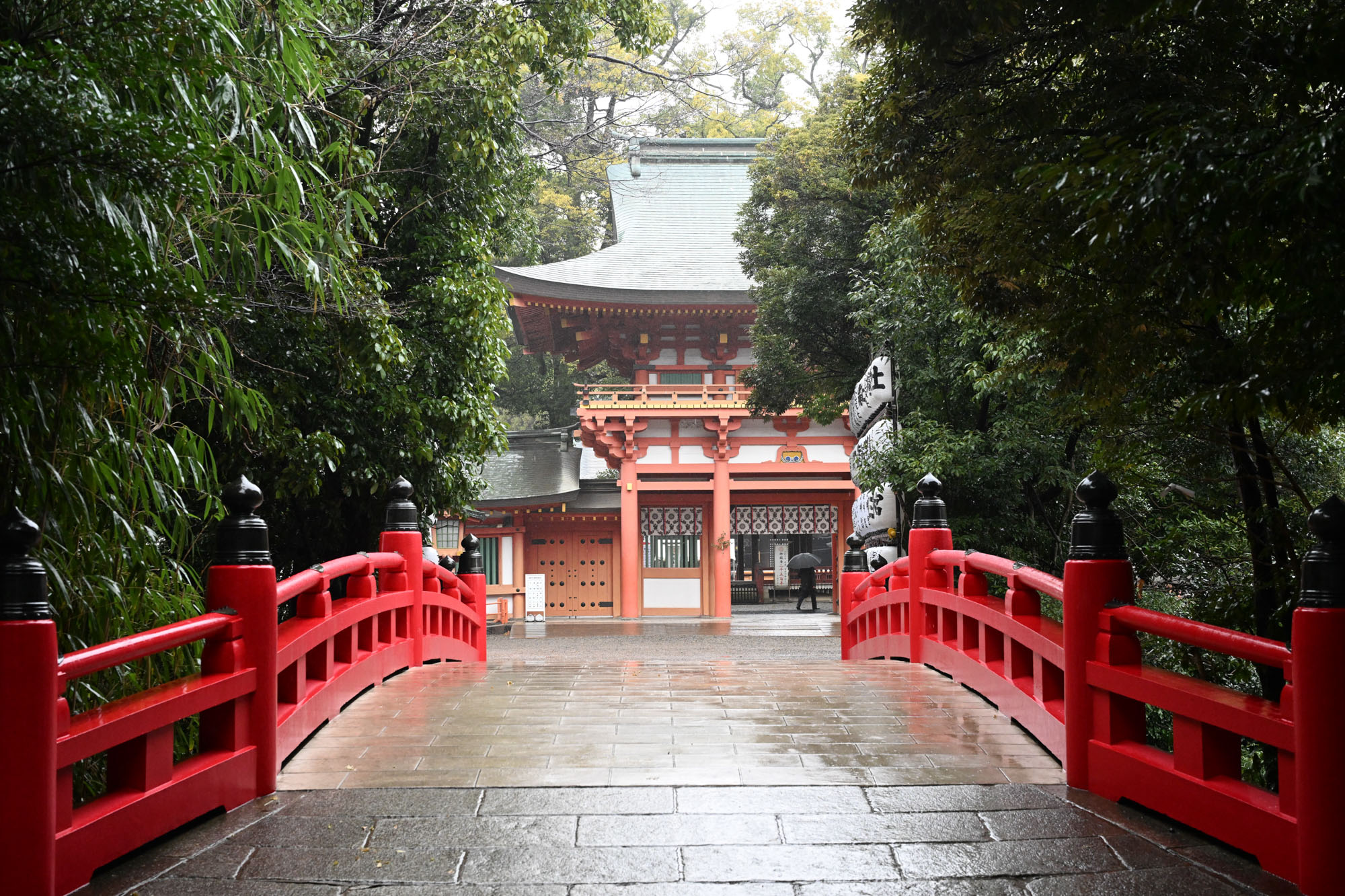 参拝客が少なく、雨の日の静寂に包まれた大宮氷川神社の楼門前。水たまりに朱色が反射するドラマチックな光景。