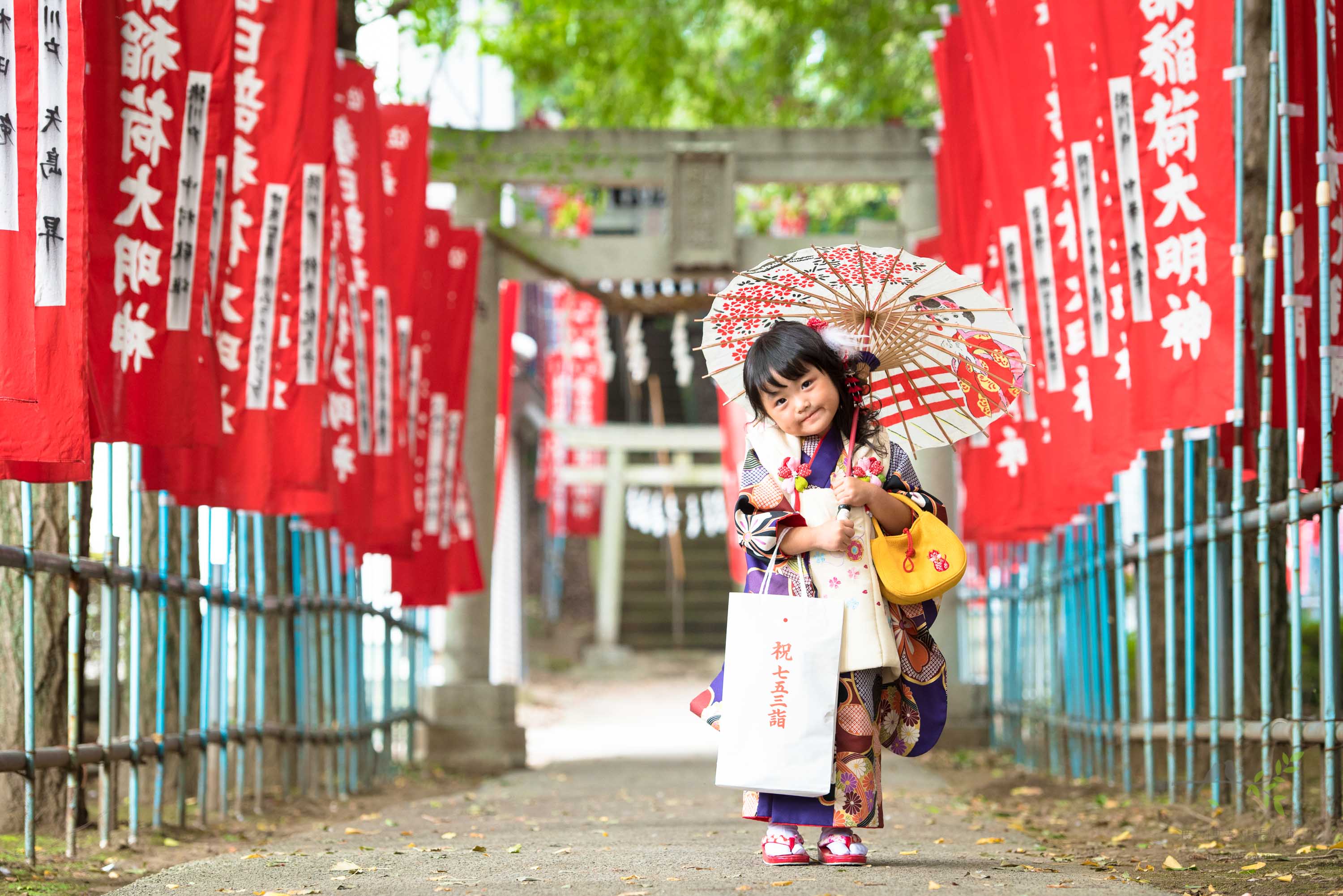 赤い神社のぼりの参道に立ち小さい和傘を持つ七五三の着物姿の女の子