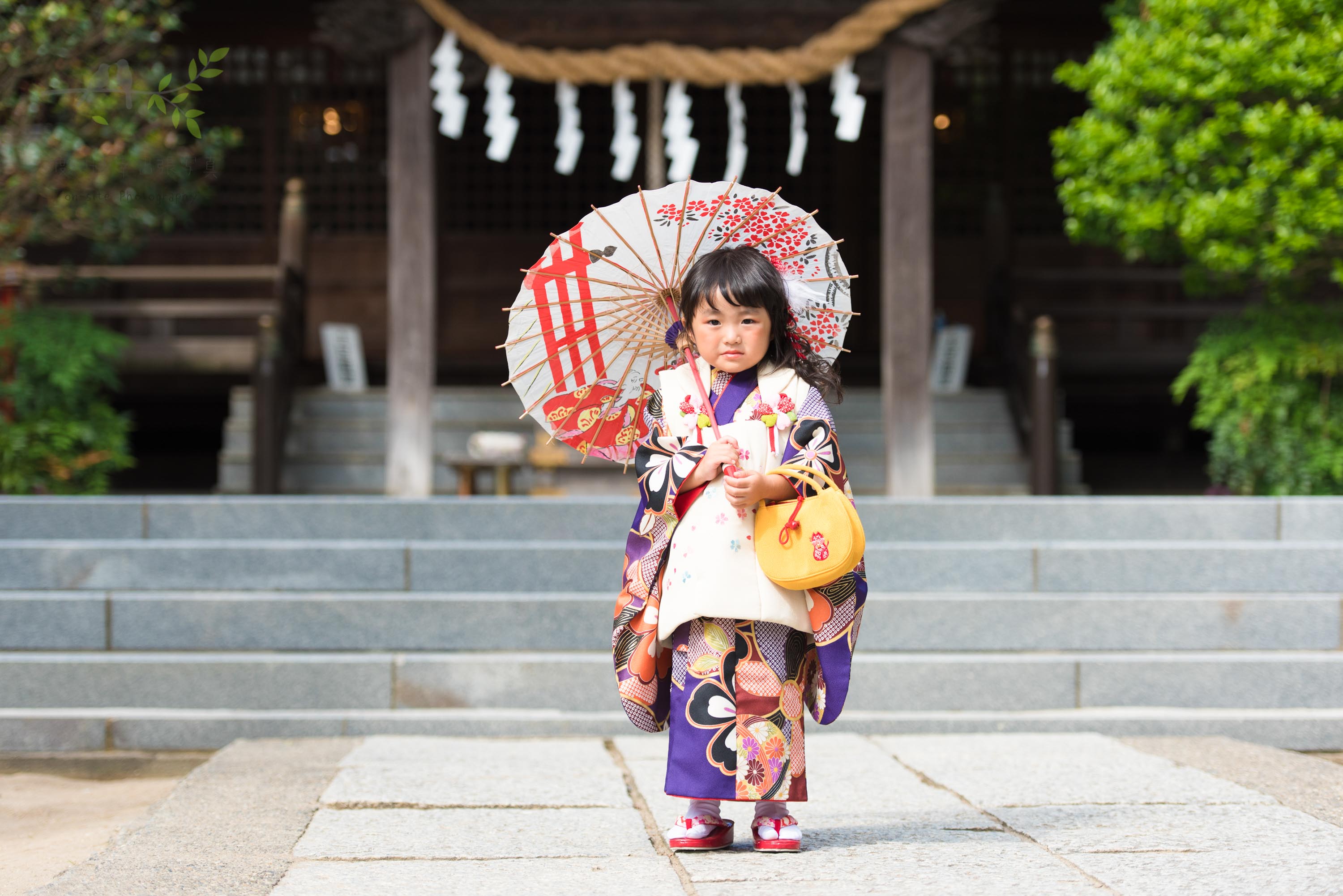 七五三の着物姿で和傘を指す小さな女の子