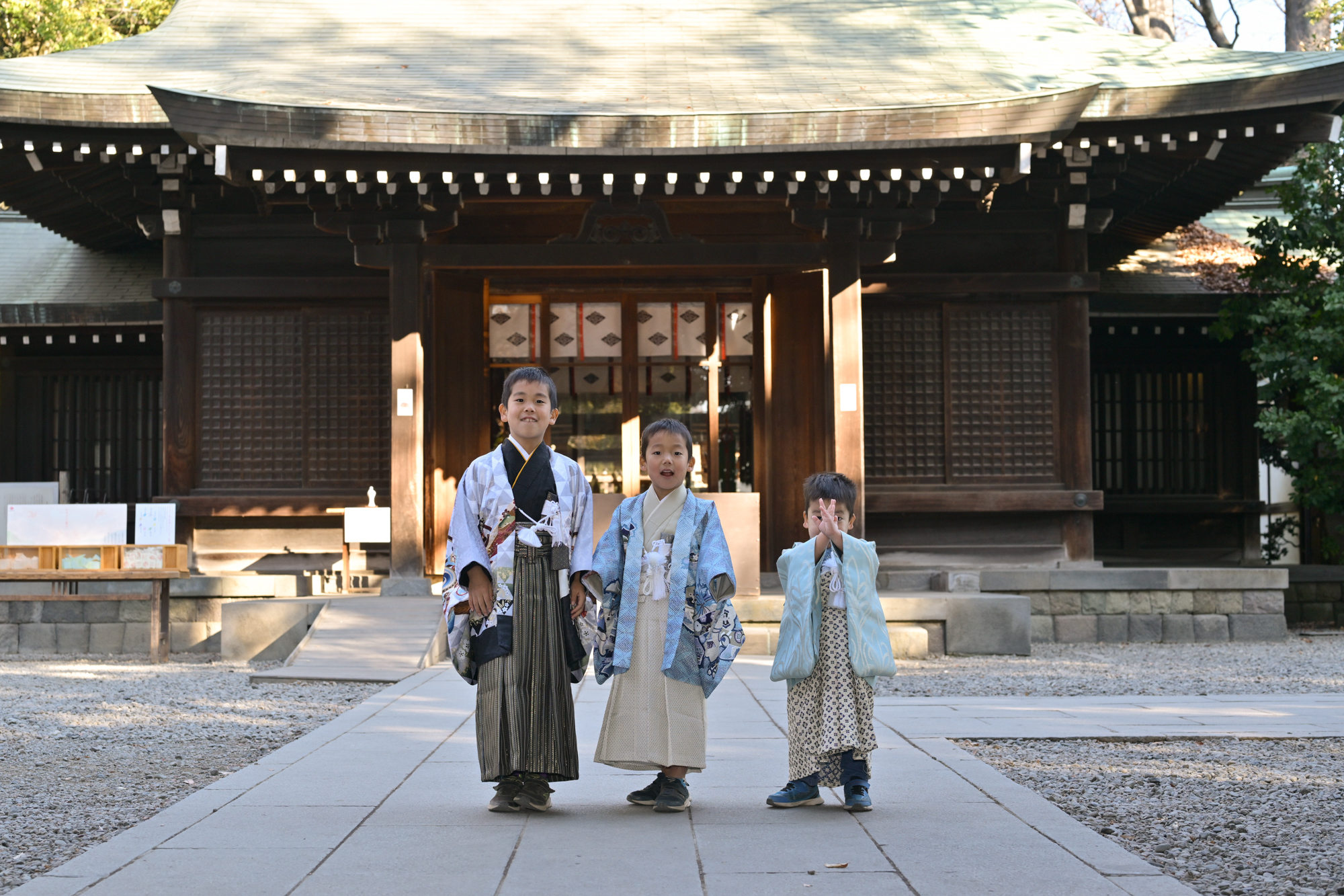 画像 12月の空いている川越氷川神社本殿前で、袴姿で記念撮影をする七五三の三兄弟