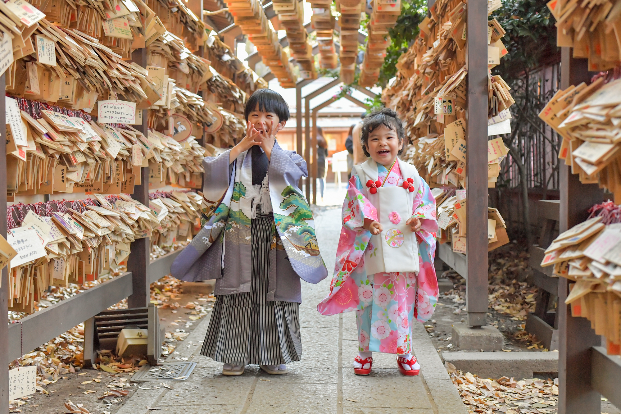 画像 川越氷川神社の絵馬トンネルの中で笑顔を見せる七五三の5歳男の子と3歳女の子