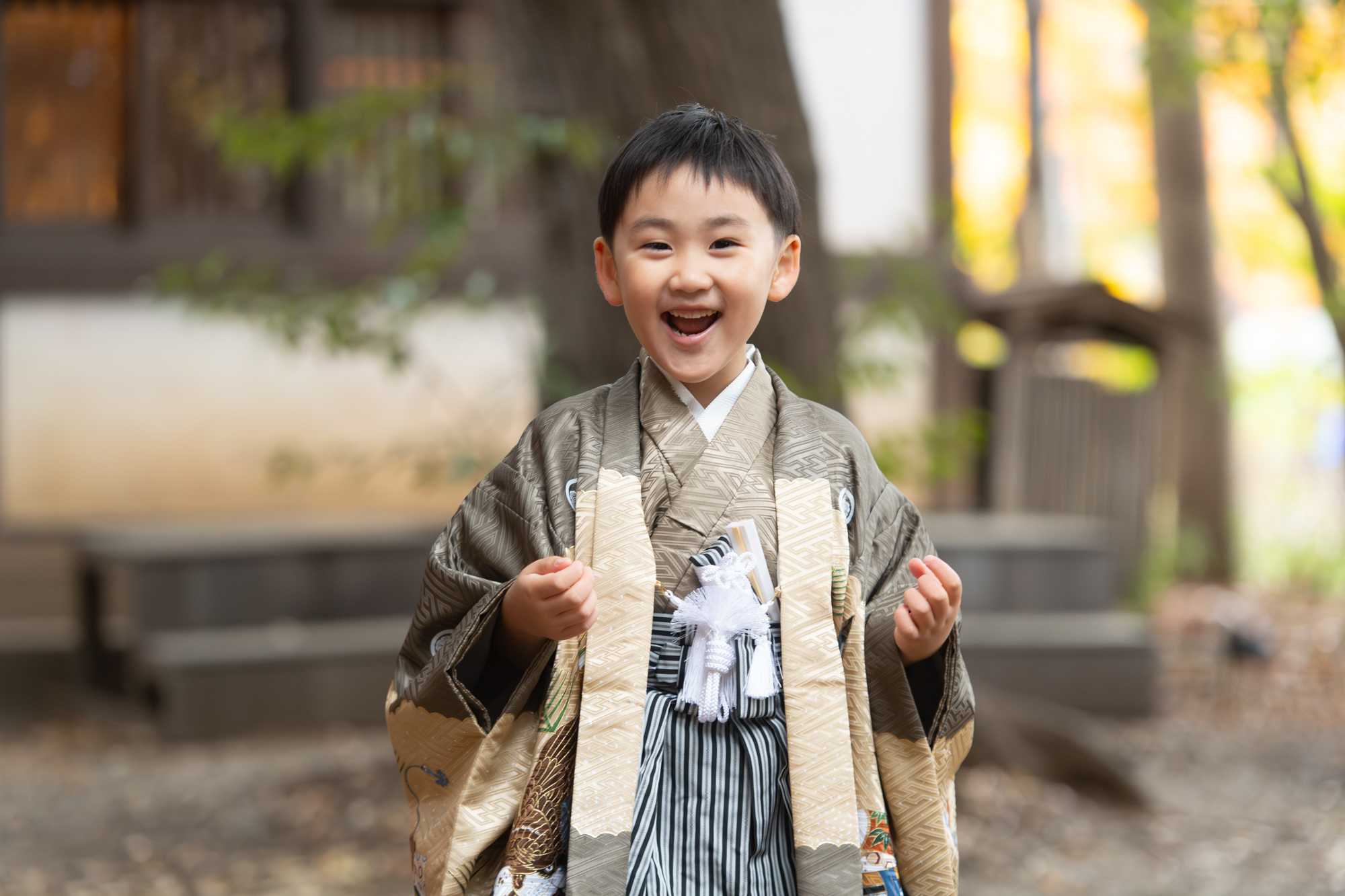 画像 川越氷川神社の境内でこちらを向いて笑っている七五三5歳の男の子