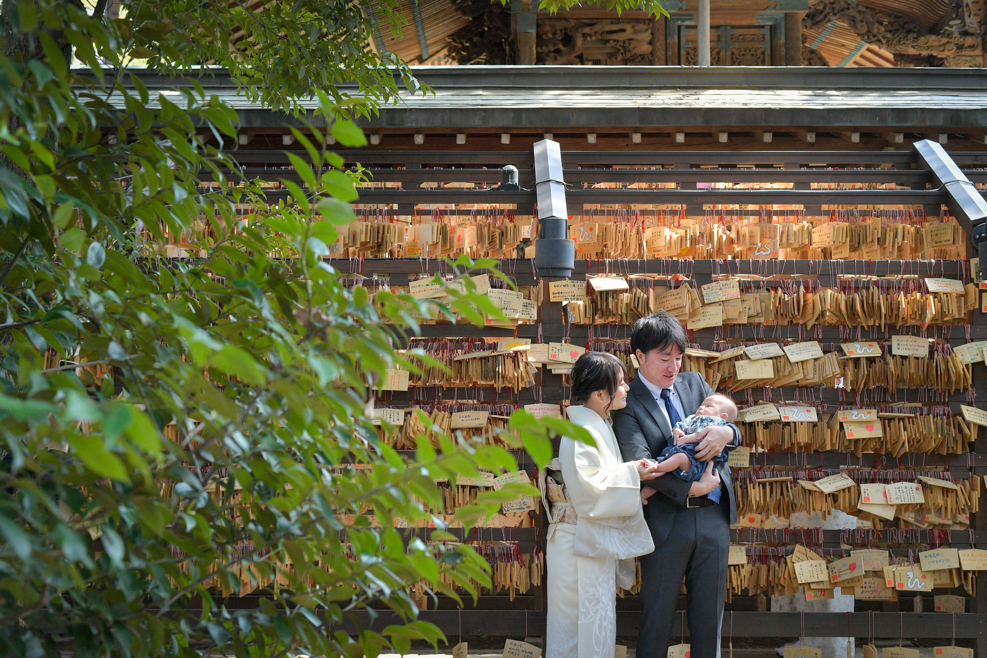 画像 川越氷川神社のたくさんの絵馬がぶら下がった前で赤ちゃんを抱くパパとママ