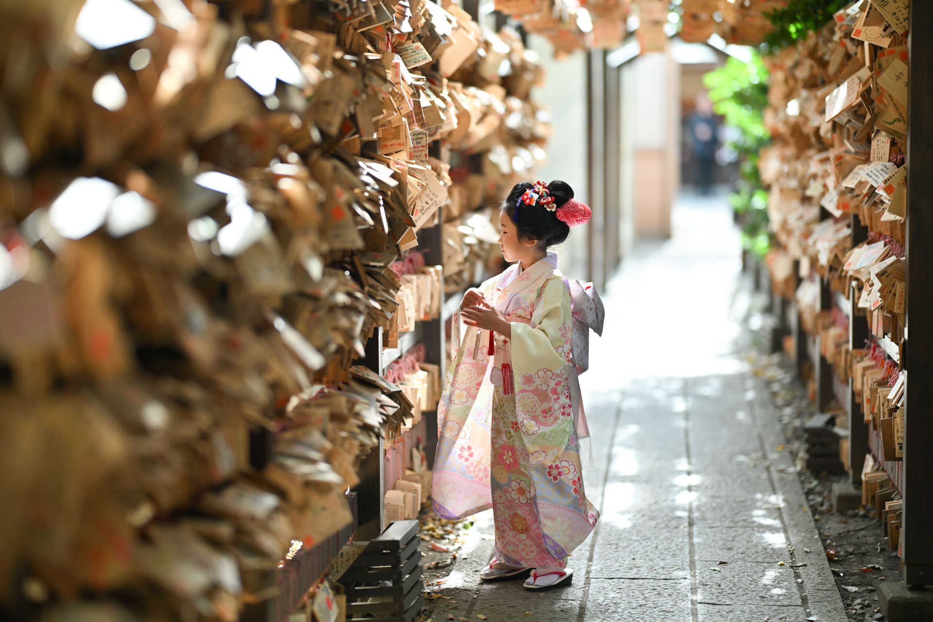 川越氷川神社の絵馬トンネルで撮影した七五三写真