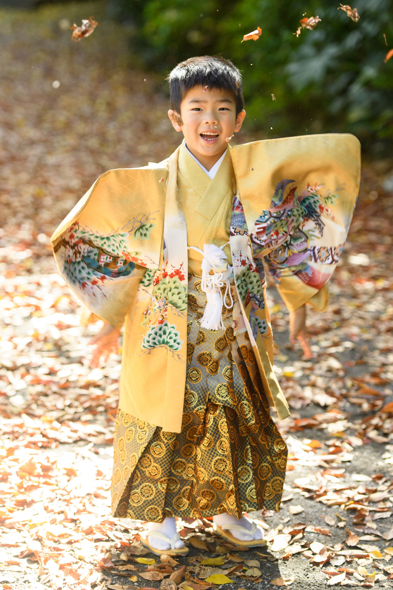 所澤神明社の七五三で、落ち葉が敷き詰められた上に立つ。金色の着物を着た5歳の男の子